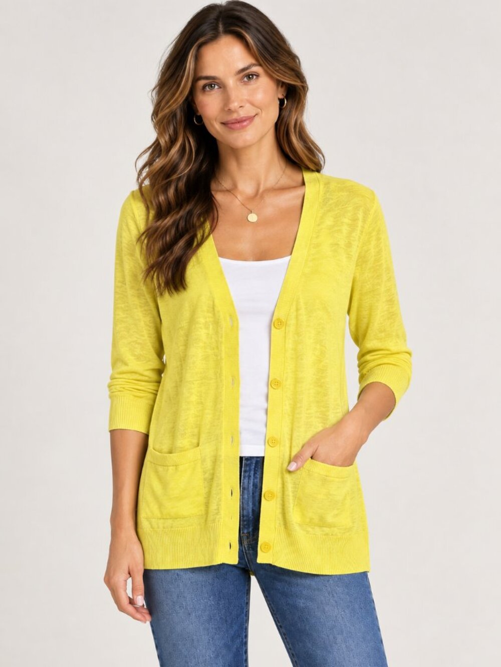 Banana Republic Yellow V-Neck Cardigan 3/4 Sleeve Size M